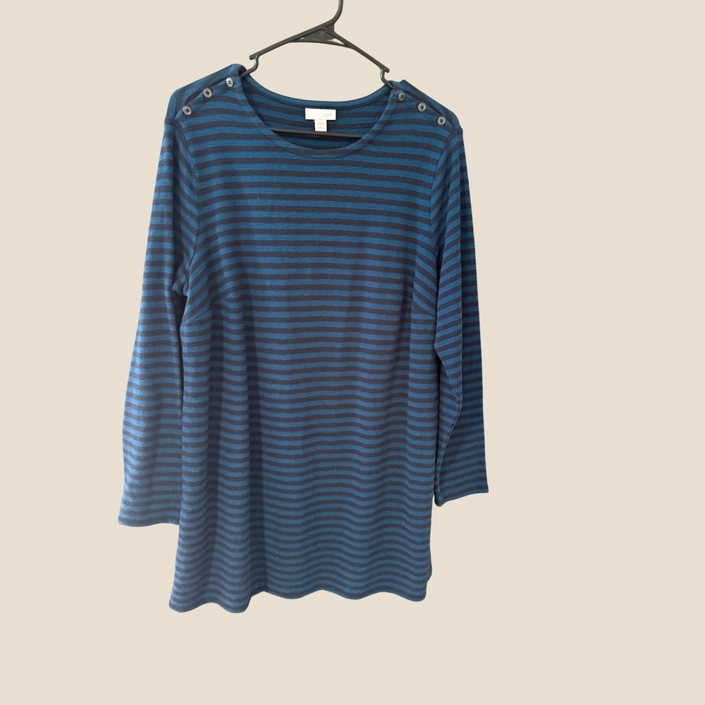 J. Jill Womens Blue Striped Cotton Tunic Long Sleeve Button Shoulder Top Size 1X